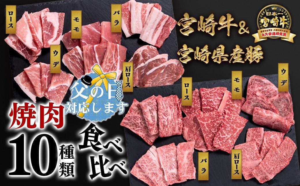 【父の日ギフト】宮崎牛＆宮崎県産豚肉 焼肉10種盛り 食べ比べセット計600g 宮崎牛4等級以上 国産牛 豚肉  ブランド牛 ミヤチク 内閣総理大臣賞4連覇＜47-3b＞●