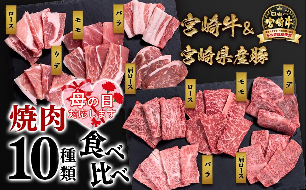 【母の日ギフト】宮崎牛＆宮崎県産豚肉 焼肉10種盛り 食べ比べセット計600g 宮崎牛4等級以上 国産牛 豚肉  ブランド牛 ミヤチク 内閣総理大臣賞4連覇＜47-3b＞●