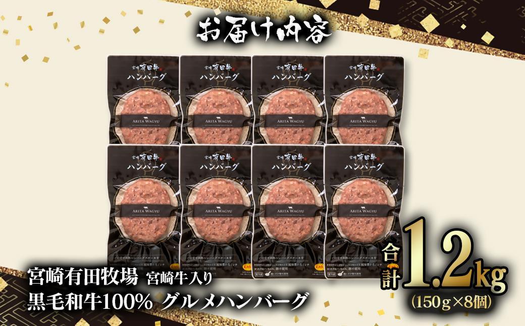 【お中元ギフト】『世界グランプリ受賞』合計1.2kg！宮崎牛入り！宮崎県産黒毛和牛100%グルメハンバーグ150g×8 ＜14-14a＞