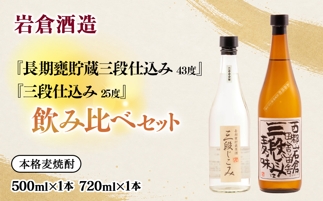 【岩倉酒造】熟成麦焼酎 『三段仕込み』25度720ml・『長期甕貯蔵（20年）三段仕込み』43度500ｍｌ 飲み比べセット＜7-30a＞