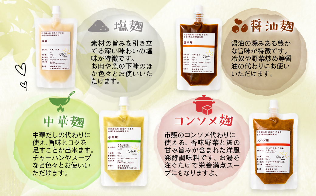 発行食堂SUN 『麹調味料詰め合わせB』 塩麹・醤油麹・中華麹・コンソメ麹 180ml×4＜74-2a＞