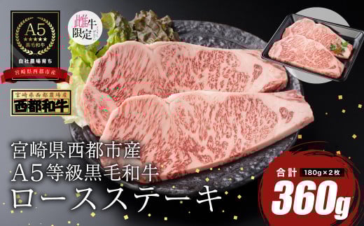 【最高品質のA5等級 西都和牛】黒毛和牛ロースステーキ 2枚（180ｇ×2）宮崎県産 カミチクファーム＜1.5-26＞