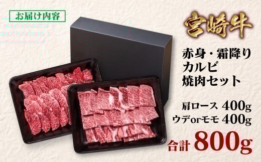 【2月発送】宮崎牛 赤身・ 肩ロース食べ比べカルビ焼肉 800g （400g×2）小分け ブランド牛 A４～A5等級 内閣総理大臣賞4連覇＜1.8-6＞Y