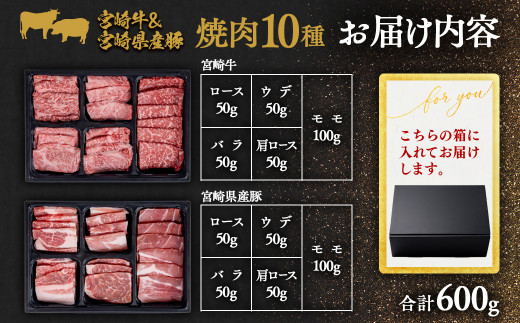 宮崎牛＆宮崎県産豚肉 焼肉10種盛り 食べ比べセット計600g 宮崎牛4等級以上 国産牛 豚肉  ブランド牛 ミヤチク 内閣総理大臣賞4連覇＜47-3b＞●