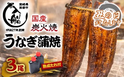【土用の丑の日】うなぎ 蒲焼 3尾 炭火焼 無頭 炭火の香ばさ際立つ老舗 「うなぎの入船」熟成たれ付真空　小分け 国産＜13-3a＞