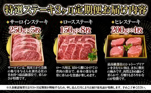 【3ケ月定期便】 黒毛和牛 高級部位 ステーキ3種 国産 牛肉 ステーキ 食べ比べ  個数限定＜18-11＞