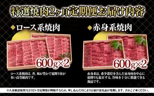 【2ケ月定期便】 黒毛和牛 特選焼肉2種食べ比べ ロース・赤身　国産牛肉 宮崎有田牧場＜10-16＞