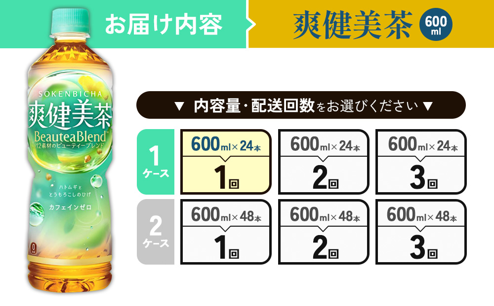 爽健美茶 600ml PET【コカ・コーラ】ペットボトル 1ケース(24本)  セット お茶 カフェインゼロ ノンカフェイン ハトムギ ブレンド茶 宮崎県 えびの市 送料無料