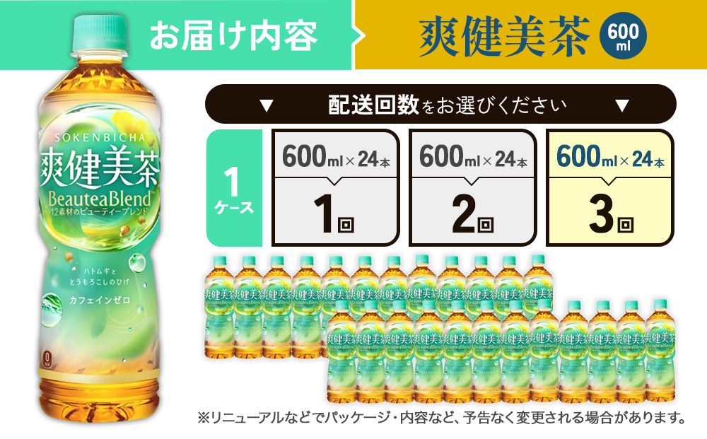 （3回定期便）爽健美茶 600ml PET【コカ・コーラ】ペットボトル 1ケース(24本) 定期便 3回(72本) セット お茶 カフェインゼロ ノンカフェイン ハトムギ ブレンド茶 宮崎県 えびの市 送料無料