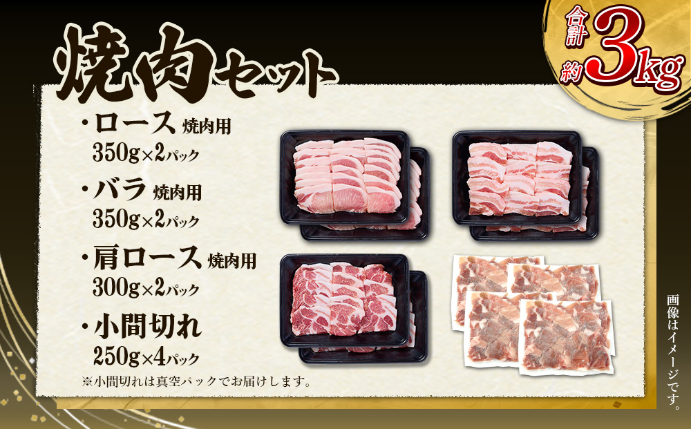 豚肉 宮崎県産 いもこ豚 焼肉 セット 3kg 切り落とし 小分け 真空パック 豚 豚バラ バラ ロース 肩ロース スライス 小間切れ 焼肉用 焼き肉 BBQ 鉄板焼き 豚丼 国産 九州産 宮崎 ブランド 冷凍 送料無料