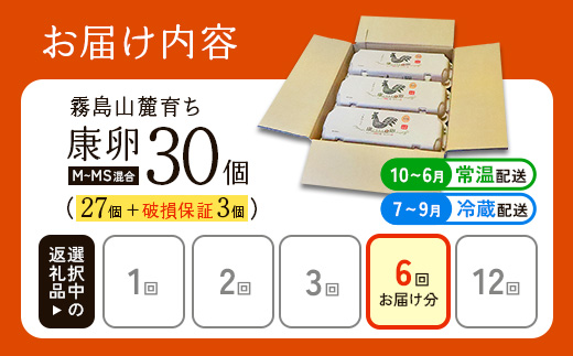 卵【6回定期便】霧島山麓育ち こだわり卵 康卵 計 30個（27個 + 割れ保証 3個）6回 計 180個（162個 + 割れ保証 18個）たまご 玉子 卵焼き 玉子焼き たまご焼き 生卵 鶏卵 たまごかけごはん 国産 九州産 宮崎県産 送料無料