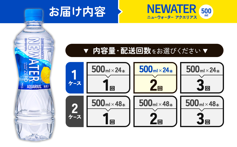 【2回定期便】アクエリアス ニューウォーター 500ml PET【コカ・コーラ】ペットボトル 1ケース(24本) 定期便 2回(48本) セット スポーツドリンク スポドリ カロリーゼロ 熱中症対策 水分補給 清涼飲料水 宮崎県 えびの市 送料無料