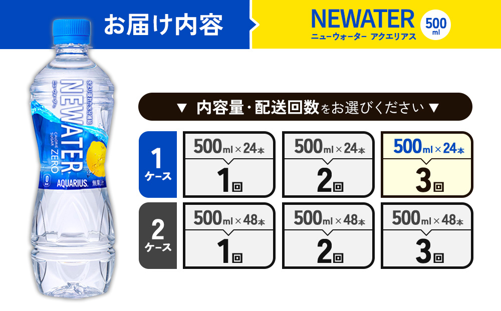【3回定期便】アクエリアス ニューウォーター 500ml PET【コカ・コーラ】ペットボトル 1ケース(24本) 定期便 3回(72本) セット スポーツドリンク スポドリ カロリーゼロ 熱中症対策 水分補給 清涼飲料水 宮崎県 えびの市 送料無料