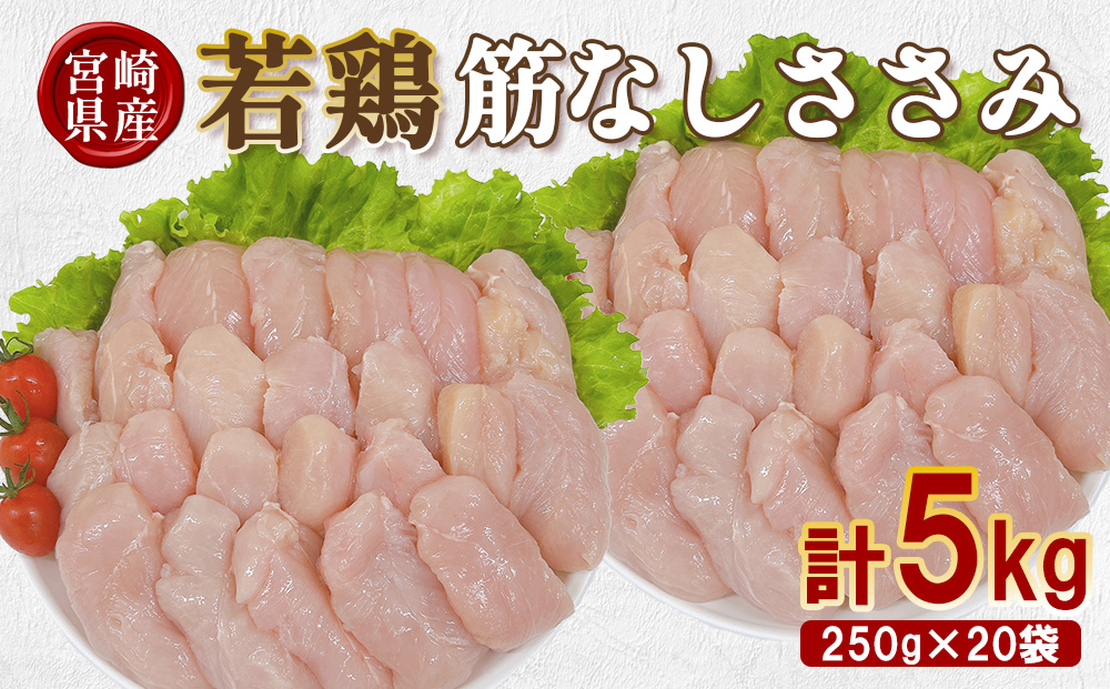 宮崎県産 若鶏筋なしささみ 5kgセット (250g×20袋) 鶏肉 ささみ 鶏ささみ 小分け 真空パック タンパク質 チキン冷凍 国産 宮崎県産 九州 送料無料