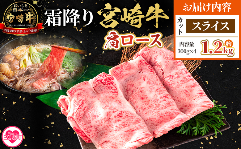 ＜宮崎牛肩ロース【スライス】1.2kg＞【10月発送】霜降り やわらかい サシ 赤身と脂のバランス 炒め物 肉料理 ご馳走 国産 高級 ブランド牛肉 黒毛和牛 数量限定【MI696-my-oct】【ミヤチク】