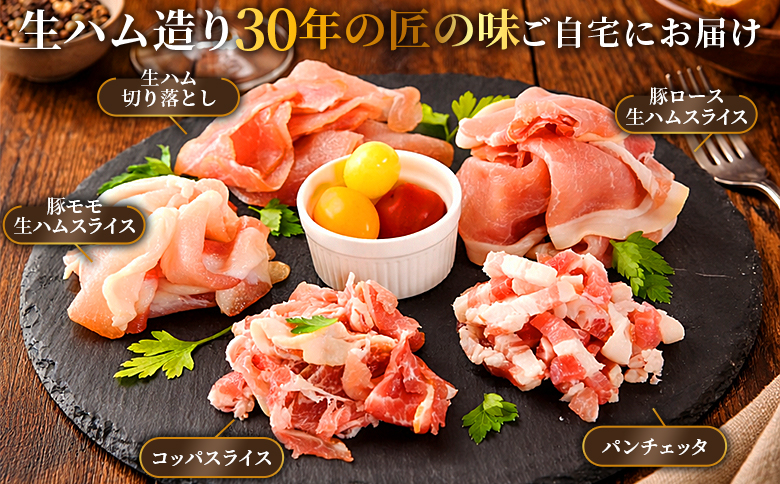 ＜【訳あり】極みロース入り5種食べ比べセット生ハム＞合計750g 国産 生ハム 豚モモ 豚ロース 豚肩ロース 豚バラ スライス コッパスライス パンチェッタ サラダ スープ パスタ 訳アリ ご家庭用 家庭用 セット 詰め合わせ 【MI735-pl】【株式会社プラス】