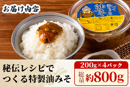 ＜秘伝レシピでつくる特製油みそ 約800g(約200g×4P)＞おにぎりやご飯のお供、きゅうりをディップしてお酒のおつまみに！【MI298-ad】【安藤ストアー】