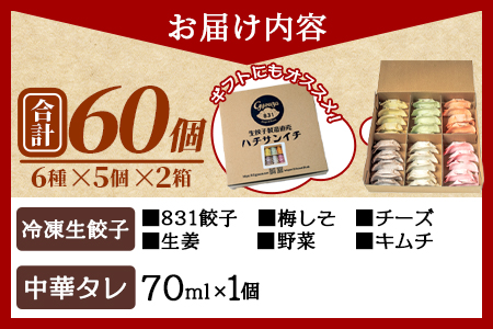 ＜国産野菜と県産豚肉をつかった冷凍生餃子 パーティー食べ比べセット 6種×5個×2箱 (タレ：中華ダレ)＞（合計60個・各5個×2箱）プレーン・チーズ、生姜、野菜、梅、キムチをセットに♪【MI097-hc-03】【ハチサンイチ】