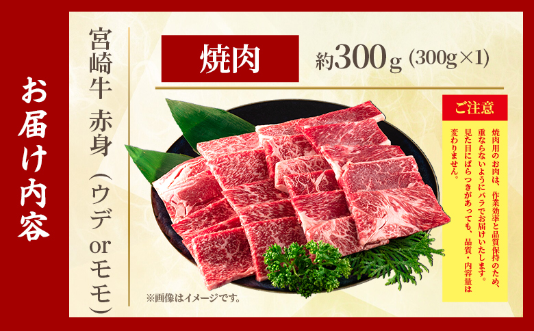 ＜宮崎牛赤身【焼肉】（ウデorモモ）300g＞【6月発送】脂控えめ ヘルシー あっさり うで もも 炒め物 肉料理 ご馳走 国産 ブランド牛肉 黒毛和牛【MI681-my-jun】【ミヤチク】