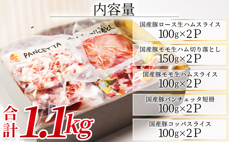 ＜極みロース生ハム入り5種食べ比べセット＞合計1.1kg 国産 生ハム 豚モモ 豚ロース 豚肩ロース 豚バラ スライス コッパスライス パンチェッタ サラダ スープ パスタ 贈り物 ギフト 贈答品 プレゼント セット 詰め合わせ 【MI736-pl】【株式会社プラス】