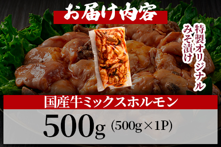 【数量限定】＜国産牛ミックスホルモン みそ漬 500g(約500g×1)＞国産 牛肉 肉 ホルモン モツ 大腸 冷凍 焼肉 BBQ もつ鍋 煮込み 小分け 焼くだけ 簡単 タレ漬け 簡易包装【MI705-hr】【肉の豊楽】