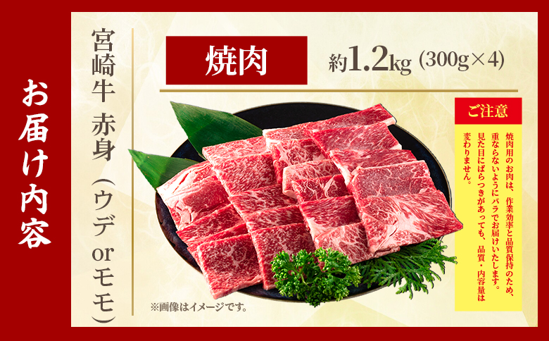 ＜宮崎牛赤身【焼肉】（ウデorモモ）1.2kg＞【7月発送】脂控えめ ヘルシー あっさり うで もも 炒め物 肉料理 ご馳走 国産 ブランド牛肉 黒毛和牛【MI684-my-jul】【ミヤチク】