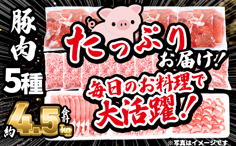 ＜【生活応援】宮崎県産 和豚味彩 豚肉バラエティセット 約4.5kg＞ ぶた ブタ 切り落とし 豚こま ローススライス 生姜焼き しゃぶしゃぶ 豚ミンチ ハンバーグ 野菜炒め 餃子 煮込み 炒め物 たっぷり料理【MI634-tr】【TRINITY】