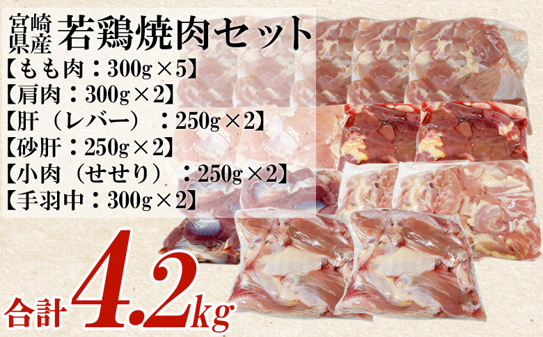 ＜宮崎県産若鶏焼肉セット 約4.2kg＞ 国産 鶏 肉 精肉 モモ もも肉 使いやすい パック 真空冷凍 切り身 選べる数量 お弁当 惣菜 からあげ 照り焼き 数量限定 BBQ バーベキュー セセリ せせり レバー 砂肝 肝 てば 手羽中 小分け 【MI445-tr】【TRINITY】