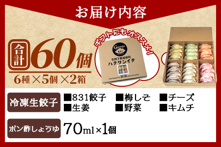 ＜国産野菜と県産豚肉をつかった冷凍生餃子 パーティー食べ比べセット 6種×5個×2箱 (タレ：ポン酢しょうゆ)＞（合計60個・各5個×2箱）プレーン・チーズ、生姜、野菜、梅、キムチをセットに♪【MI097-hc-01】【ハチサンイチ】