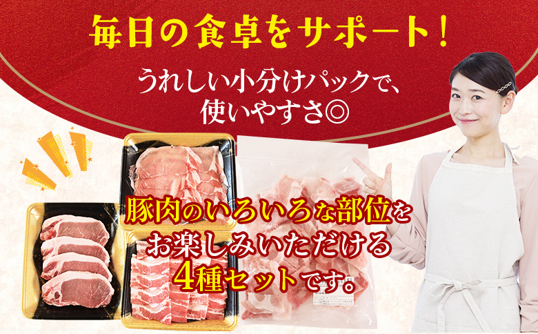 ＜宮崎県産 豚肉4種セット 1.5kg＞ロースしゃぶしゃぶ とんかつ バラ焼肉 小間切れ 冷凍 国産 便利な小分けパック ぶた ブタ 豚こま切れ 切り落とし 炒め物 豚汁 生姜焼き 野菜炒め 使いやすい 色々な部位【MI662-nh】【日本ハムマーケティング株式会社】