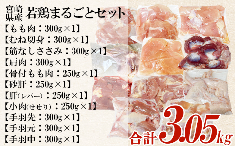 ＜宮崎県産若鶏まるごとセット 約3.05kg＞ 国産 鶏 肉 精肉 モモ もも肉 使いやすい パック 真空冷凍 切り身 選べる数量 お弁当 惣菜 からあげ 照り焼き 数量限定 BBQ バーベキュー 鶏ムネ 鶏むね 鳥モモ ささみ ササミ 小分け 【MI443-tr】【TRINITY】