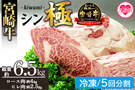 ＜宮崎牛『シン極(きわみ)』ロース肉約4kg、ヒレ肉約2.5kg (冷凍・5回配送)＞ 国産ブランド牛 牛肉 おすすめ 黒毛和牛 国産牛肉 和牛 人気 コスパ 定期便 量が多い 焼肉用 ステーキ 切り落とし すき焼き しゃぶしゃぶ【MI635-nk-i-05】【中村食肉】