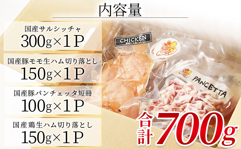 ＜国産生ハム3種と肉汁サルシッチャ 肉バルセット＞合計700g 国産 サルシッチャ ソーセージ 鶏肉 鶏生ハム 生ハム 豚モモ 豚バラ パンチェッタ サラダ スープ パスタ サンドイッチ おつまみ 晩酌 BBQ セット 詰め合わせ 【MI737-pl】【株式会社プラス】