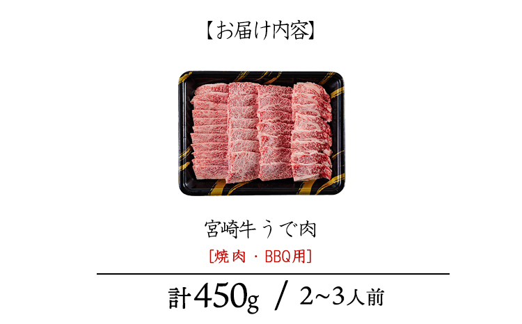 宮崎牛うで肉450g 焼肉・BBQ用（2～3人前） 内閣総理大臣賞4大会連続受賞のお肉 ブランド牛 黒毛和牛 大人気のヘルシーな牛肉 [和牛 国産 黒毛和牛] TF0904-P00020