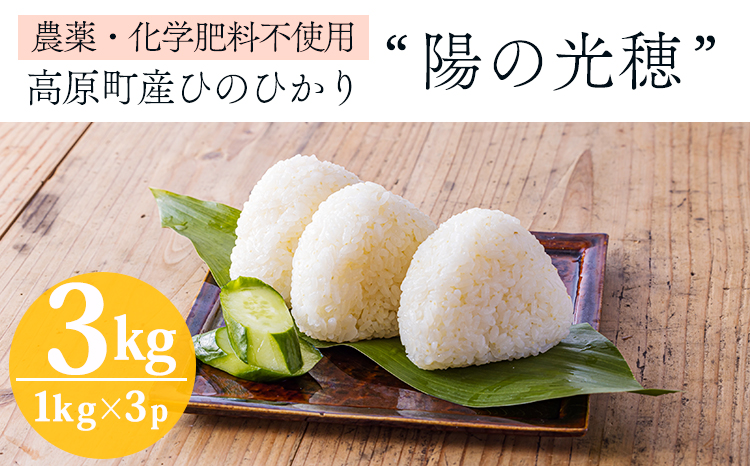 【数量限定】新米 令和6年産 農薬・化学肥料不使用 「陽の光穂（ひのひかり）」3kg(1kg×3p) 　TF0803-P00075