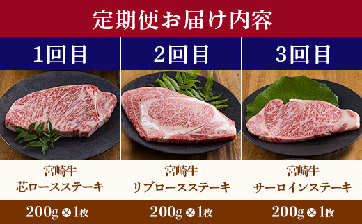 宮崎牛定期便 ステーキ3種類食べ比べ[3ヶ月] 合計600g　 宮崎牛のステーキを3回に分けて発送！ [国産 ブランド牛 お肉 ステーキ　30000円 3万円] TF0687