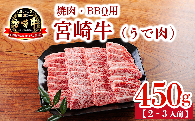 宮崎牛うで肉450g 焼肉・BBQ用（2～3人前） 内閣総理大臣賞4大会連続受賞のお肉 ブランド牛 黒毛和牛 大人気のヘルシーな牛肉 [和牛 国産 黒毛和牛] TF0904-P00020