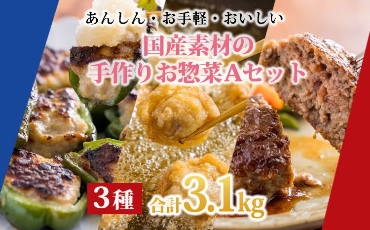 国産素材のお惣菜Ａセット計3.1kg (ピーマン肉詰め ハンバーグ 唐揚げ)　TF0776