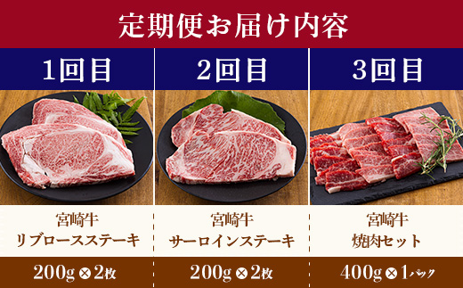 宮崎牛定期便[3ヶ月]ステーキ・焼肉 合計1200g 黒毛和牛のステーキや焼肉を3回に分けて発送！ ［国産 ブランド牛 お肉 ステーキ　焼肉 50000円 5万円］　 TF0684