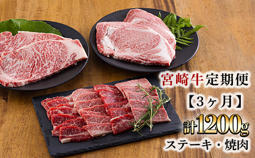 宮崎牛定期便[3ヶ月]ステーキ・焼肉 合計1200g 黒毛和牛のステーキや焼肉を3回に分けて発送！ ［国産 ブランド牛 お肉 ステーキ　焼肉 50000円 5万円］　 TF0684