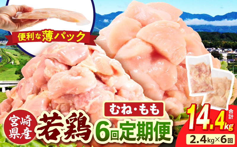 宮崎県産 若鶏切身 むね肉&もも肉 2.4kg（各300g×4袋）【6か月定期便】