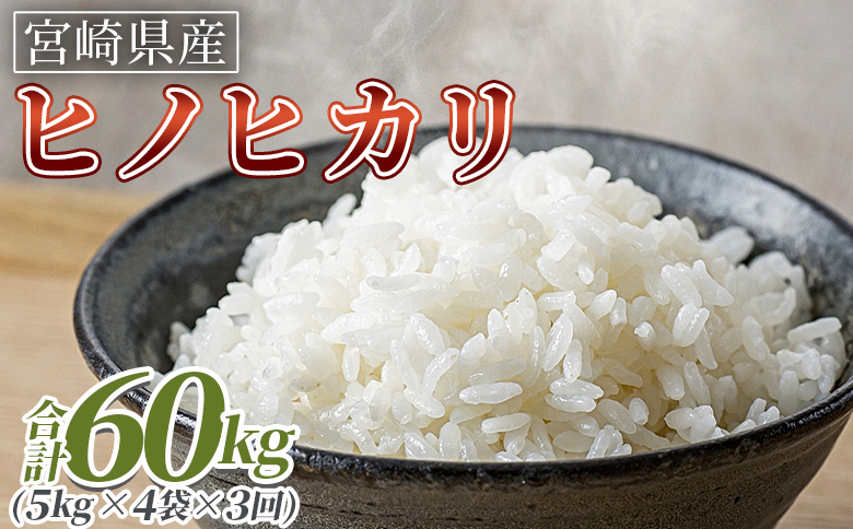 ＜3ヵ月定期便 宮崎県産米 ヒノヒカリ 20kg（合計60kg）＞入金確認後、翌月末迄に第一回目を発送【 コメ 米 お米 白米 ご飯 飯 炊き立て こめ ひのひかり 宮崎県 県産 粒 炊き込みご飯 おにぎり 主食 】