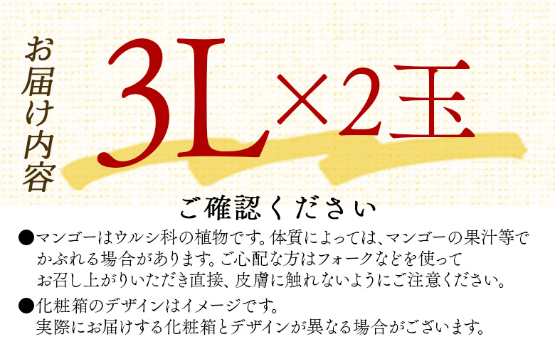 【先行予約 2026年発送】＜宮崎県産完熟マンゴー 太陽のタマゴ 3L 合計2玉＞入金確認後、2026年5月初旬〜7月末迄に順次出荷【 選べる 個数 内容量 大きさ サイズ 国産 かんじゅく とろける 果物 果実 フルーツ 南国 芳醇 甘い 旬（株）ワールドワイドトレード 宮崎県 国富町】