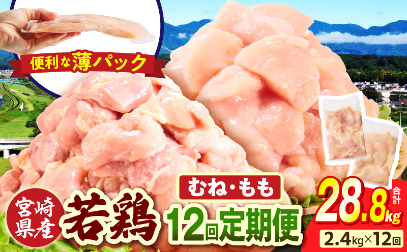 宮崎県産 若鶏切身 むね肉&もも肉 2.4kg（各300g×4袋）【12か月定期便】