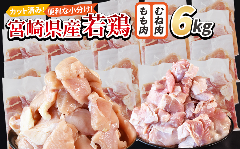 ＜宮崎県産若鶏切身 6kg（むね肉 300g×10袋 もも肉 300g×10袋）＞ 翌々月までに順次出荷 【 セット 詰め合わせ からあげ 唐揚げ カレー シチュー BBQ 煮物 チキン南蛮 小分け おかず おつまみ お弁当 惣菜 時短 炒め物 簡単料理 】