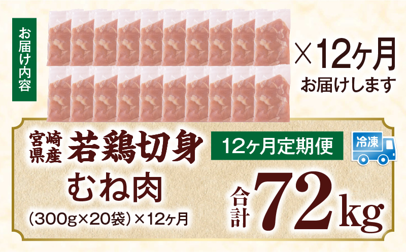 宮崎県産 若鶏切身 むね肉 6kg（300g×20袋）【12か月定期便】