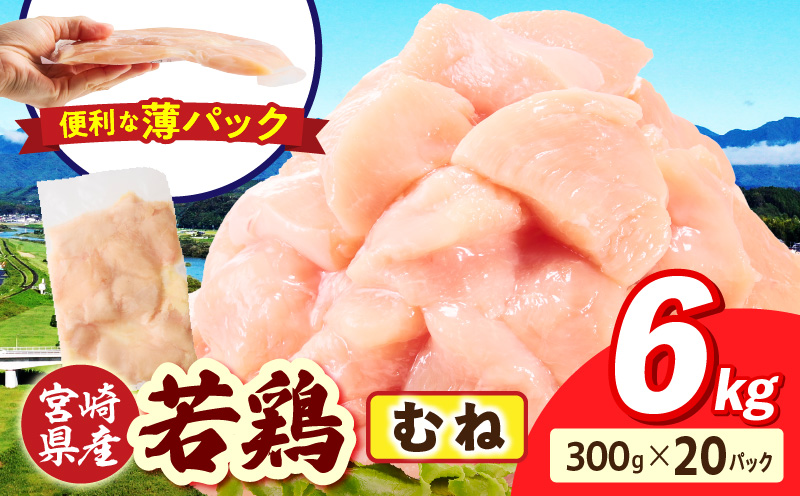 宮崎県産 若鶏切身 むね肉 6kg（300g×20袋）