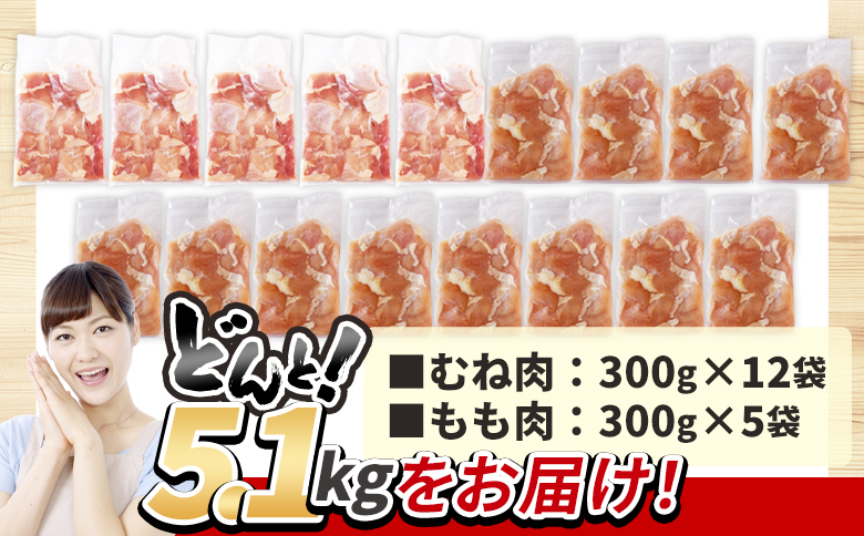 ＜宮崎県産若鶏切身身5.1kg（むね肉300g×12袋 もも肉300g×5袋）＞翌々月までに順次出荷【 鶏肉 詰め合わせ セット からあげ 唐揚げ カレー シチュー BBQ 煮物 チキン南蛮 小分け おかず おつまみ お弁当 惣菜 時短 炒め物 簡単料理 】