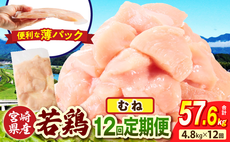 宮崎県産 若鶏切身 むね肉 4.8kg（300g×16袋）【12か月定期便】