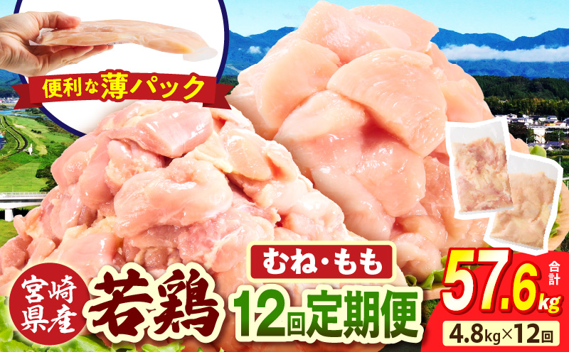 宮崎県産 若鶏切身 むね肉&もも肉 4.8kg（各300g×8袋）【12か月定期便】